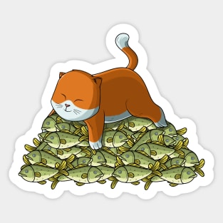 Cat on mountain of fish Sticker